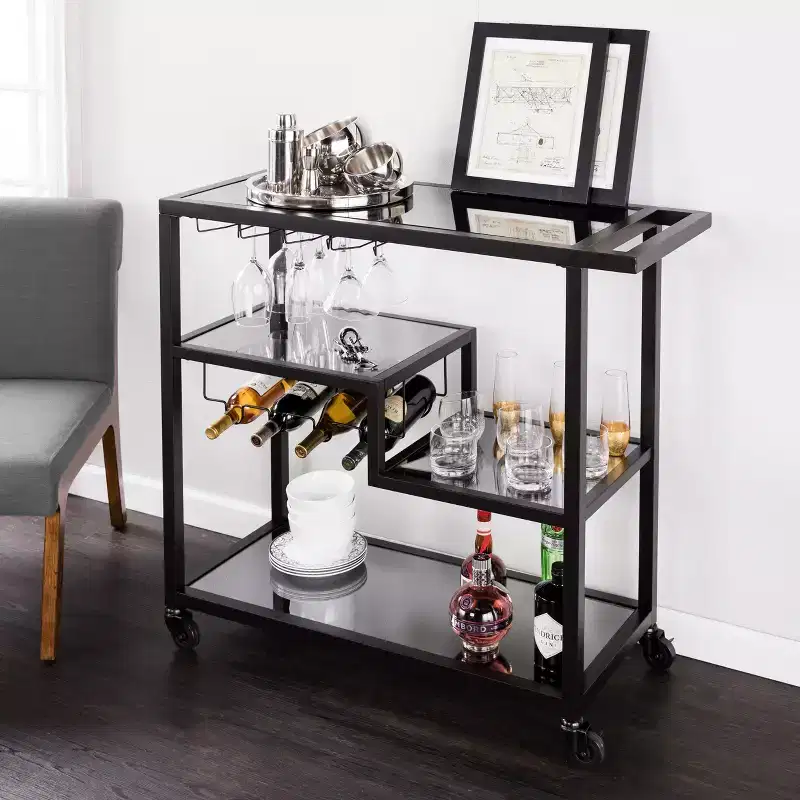 Black Bar Cart with Smoked Mirror Shelves