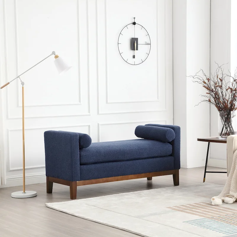 53.5W Elegant Upholstered Bench, Ottoman with Wood Legs & Bolster Pillows for End of Bed, Bedroom, Living Room, Entryway