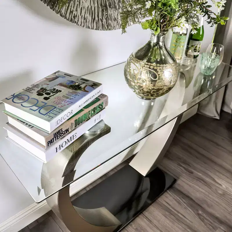 Sylvie Modern Curved Glass Top Sofa Table Silver/Black - HOMES: Inside + Out