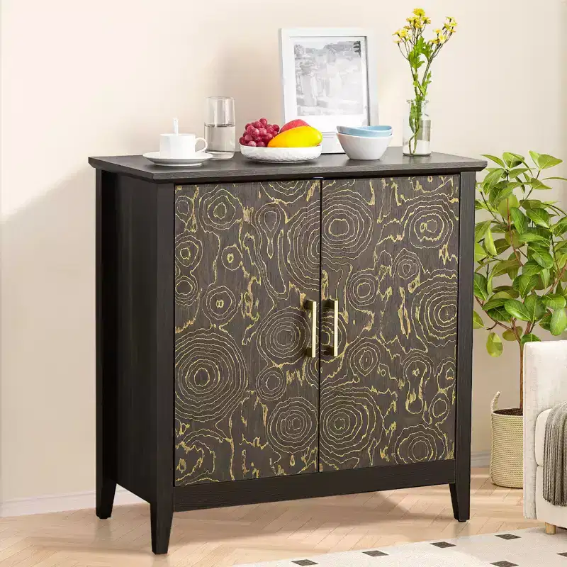 2 Doors Decorative Cabinet with Adjustable Shelves, Sideboard with Wooden Legs, Decorative Storage Cabinet for Living Room, Carved Tree Ring Pattern
