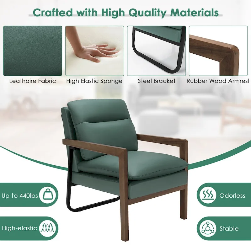 Costway Modern Accent Armchair Lounge Chair w/ Rubber Wood Legs & - 34.5 x 26.5 x 36