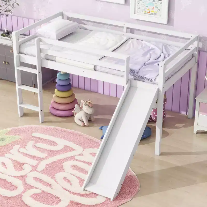 Twin Low Loft Bed with Slide, Ladder & Safety Guardrails, Solid Wood, White