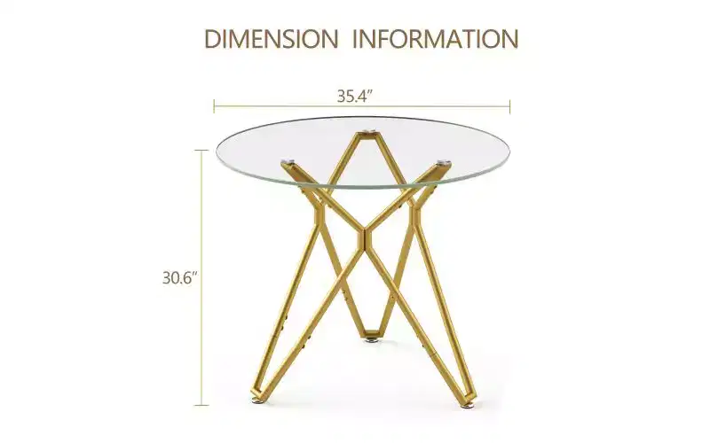 Round Tempered Glass Dining Table with Gold Metal Legs, Seats 2-4, Space-Saving