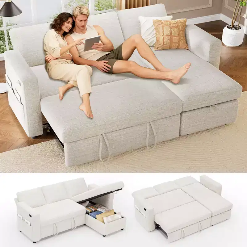 Dyonery 81 L Shaped Sleeper Sofa Bed, Chenille Sectional Couch with Pull Out Bed, Reclining Backrest, Storage Chaise, USB Ports