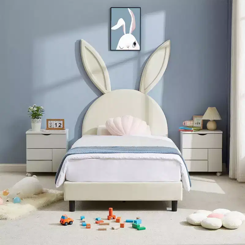Kids Twin Size Platform Bed Frame with Upholstered Headboard