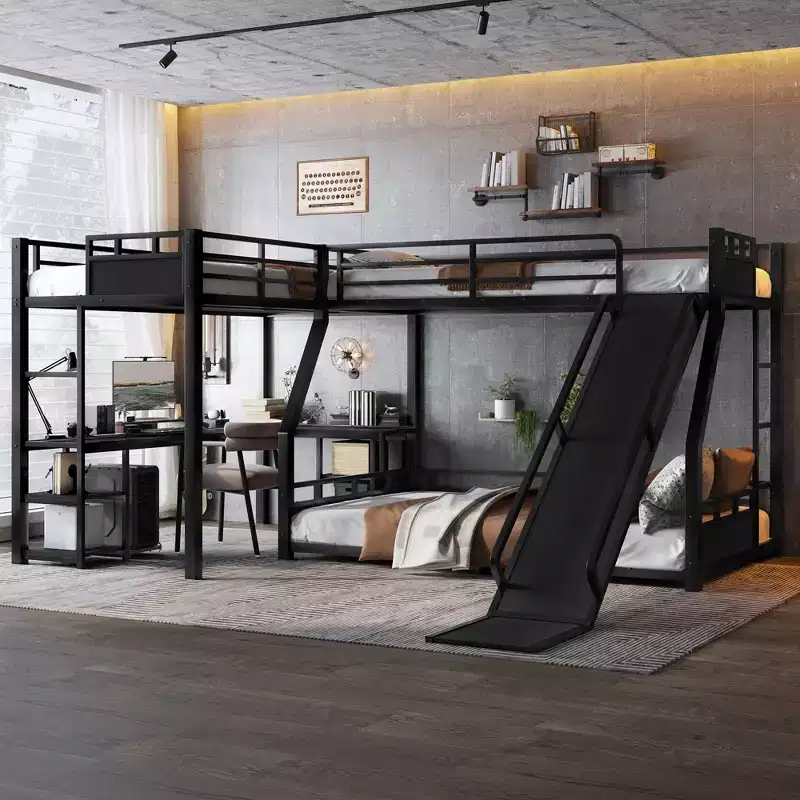 Black L-Shaped Metal Bunk Bed with Slide, Desk & Storage – 2 Kids