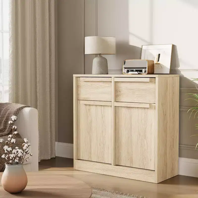 Large Storage Cabinet with Wood Grain Panels, Multi-Functional Storage for Kitchen, Dining Room, and Living Room