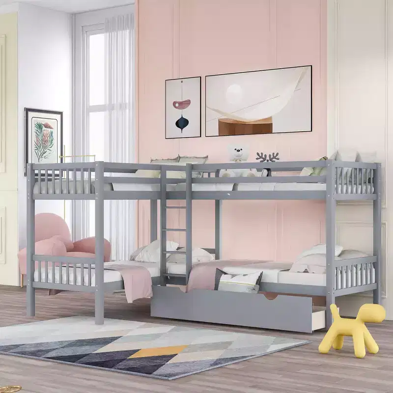 Whisen Twin Size L-Shaped Bunk Bed for 4 with Drawers