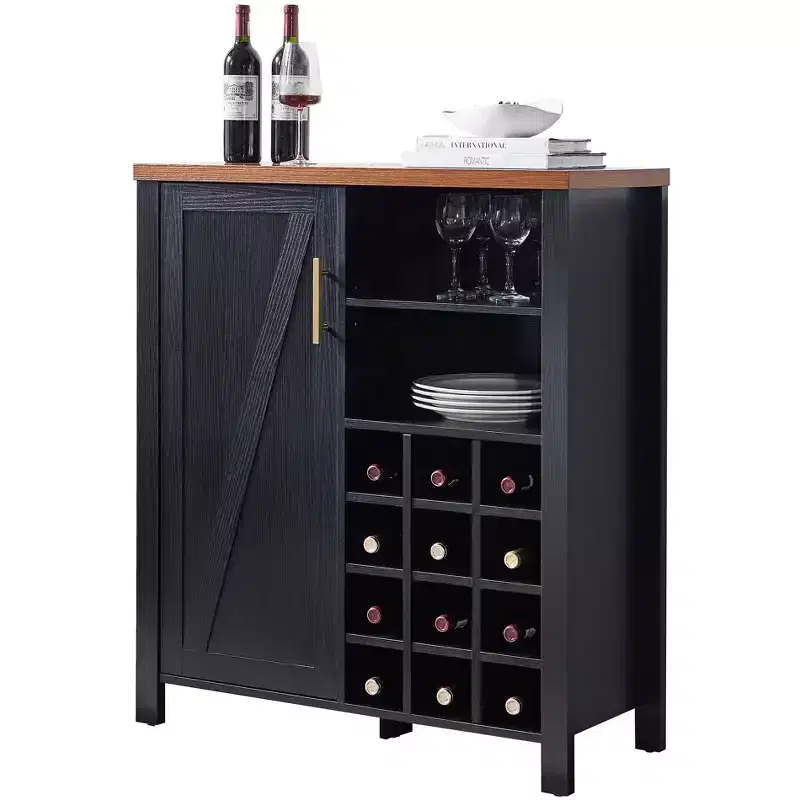 Farmhouse Sideboard Buffet Wine Bar Cabinet with 12-Bottle Rack & Gold Handle, Black & Walnut