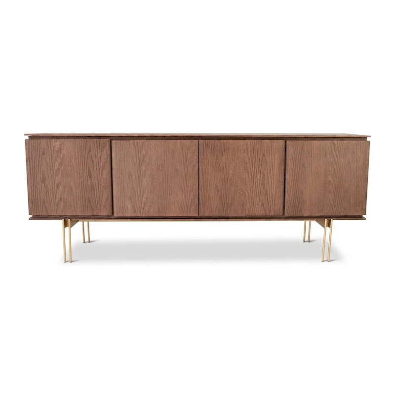 4-Door Wood Veneer Buffet with Metal Frame & Drawer – Walnut/Gold or Gray/Titanium, Made in Brazil
