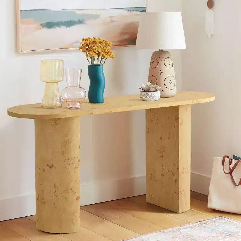 Modern 60'' Oval Entryway Console Table with Burlwood Wood Grain and Semi-Circle Legs