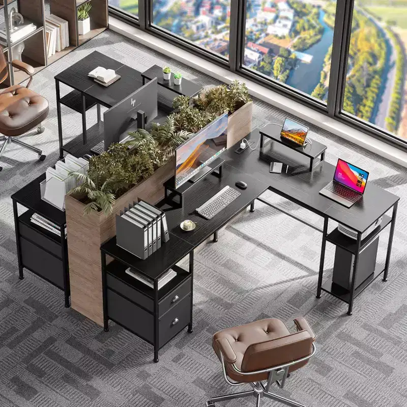 66 Inch Black L Shaped Computer Desk with Charging Station Reversible Corner Gaming Desk File Cabinet Monitor Stand Storage Home Office Workstation