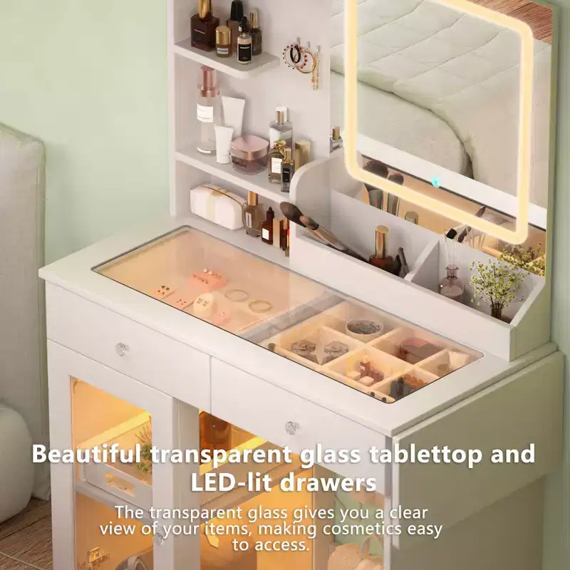 Modern Vanity Table with Mirror & LED Lights, Small Dressing Desk with Large-Capacity Storage, Makeup Table for Bedrooms