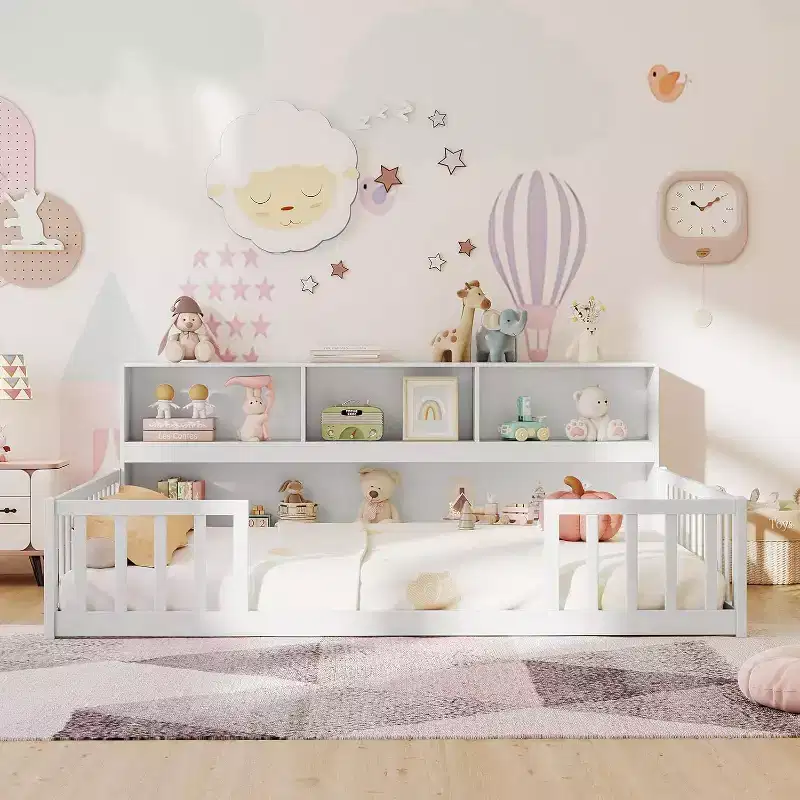 Twin Floor Bed with Bedside Bookcase,Shelves,Guardrails,White