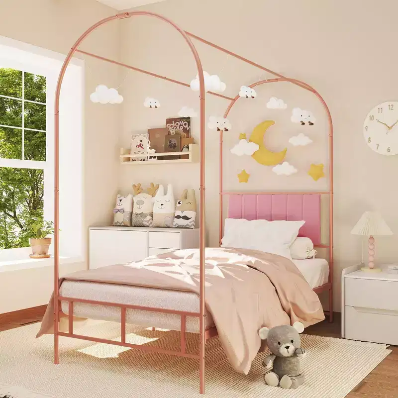 Canopy Bed Frame with Upholstered Headboard, Decorative Arch Top Platform Bed, Underbed Storage Space,No Box Spring Needed