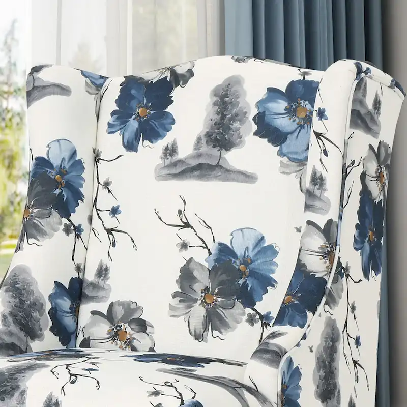 Beige +Blue Flower 28 High-Back Club Chair with Birch Legs