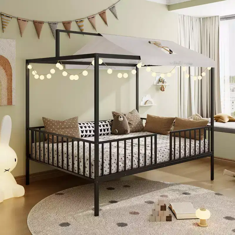 GDFStudio Dana 3-in-1 Modern Minimalist House Bed with Canopy Frame and Sturdy Metal Slats