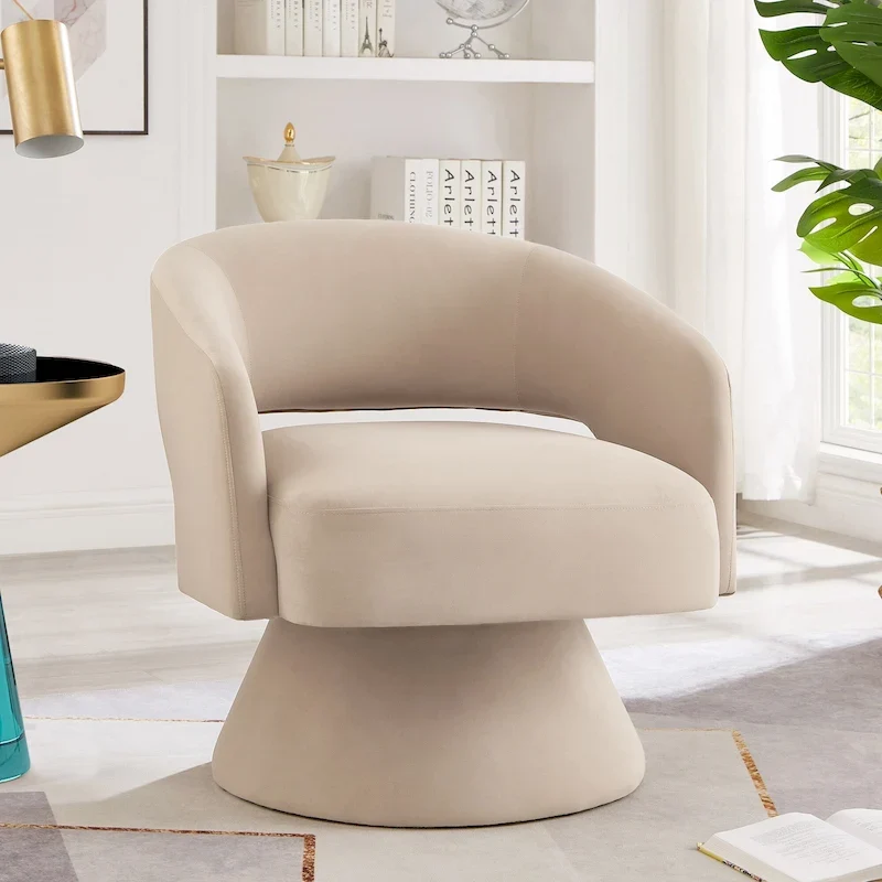 Modern Swivel Barrel Chair, Upholstered Velvet Round Accent Chairs,360 Degree Comfy Swivel Chair with Open Backrest