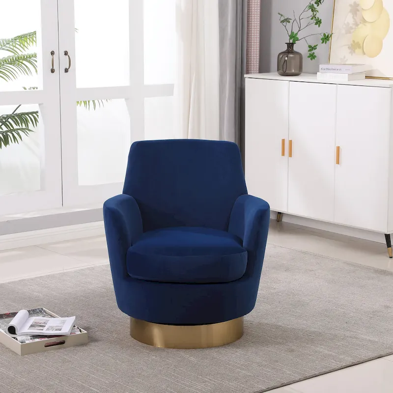 Navy Velvet 29.3 Upholstered Swivel Barrel Chair with Stainless Steel Base