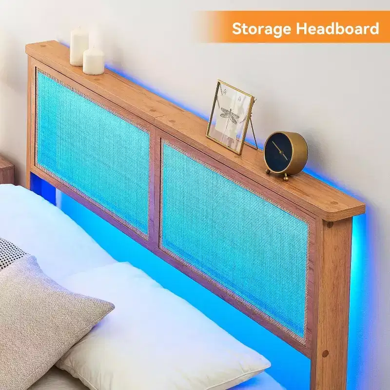 Rattan Bed Frame with Natural Rattan Headboard, Queen Bed Frame with LED Lights, Rattan Queen Bed Frame with Headboard