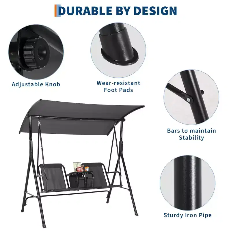 2-Person Outdoor Porch Swing with Canopy, Cup Holders & Pivot Storage Table, Weather-Resistant Steel Frame