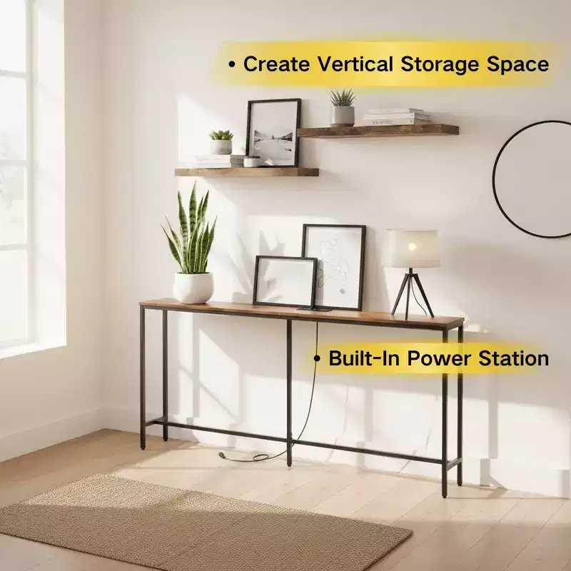 FurnitureR 71 Entryway Console Table with 2 Floating Wall Shelves, Industrial Narrow Hallway Table Set with Power Outlet for Living Room, Entryway