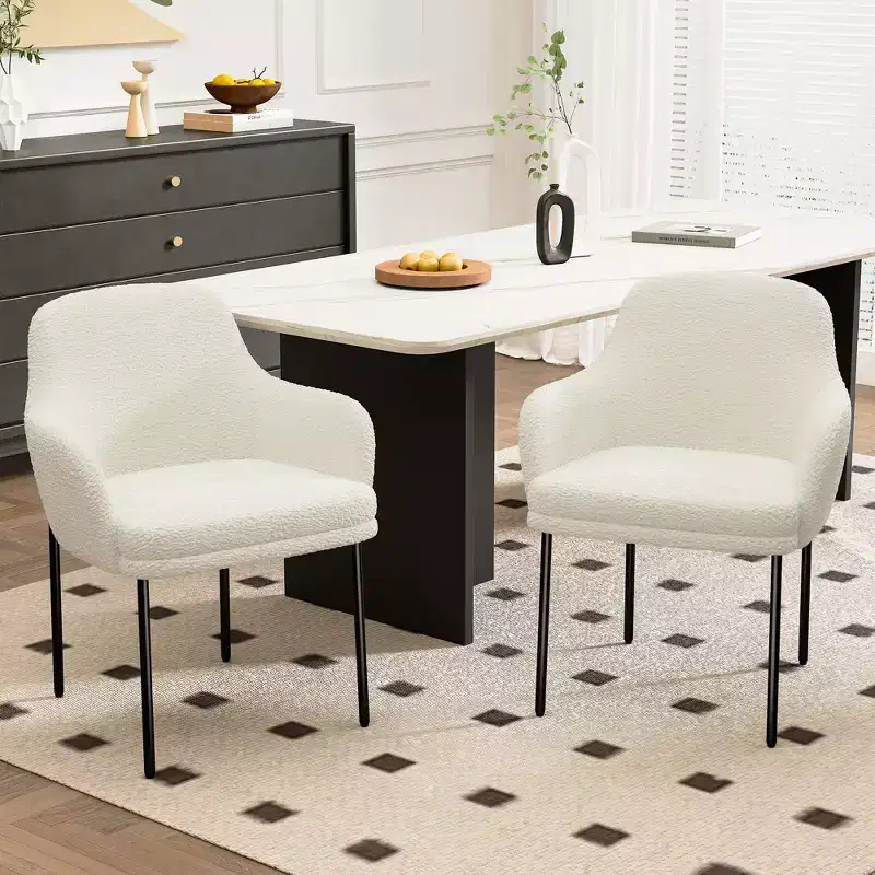 Dyonery Mid-Century Modern Boucle Dining Chair, Cozy Upholstered Back & Armrest, Metal Legs, White Accent Chair