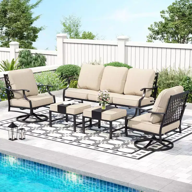 Captiva Designs 5pc XL Metal Outdoor Conversation Set with Swivel Chairs and Ottomans Beige: Steel Frame, Rust & Water-Resistant