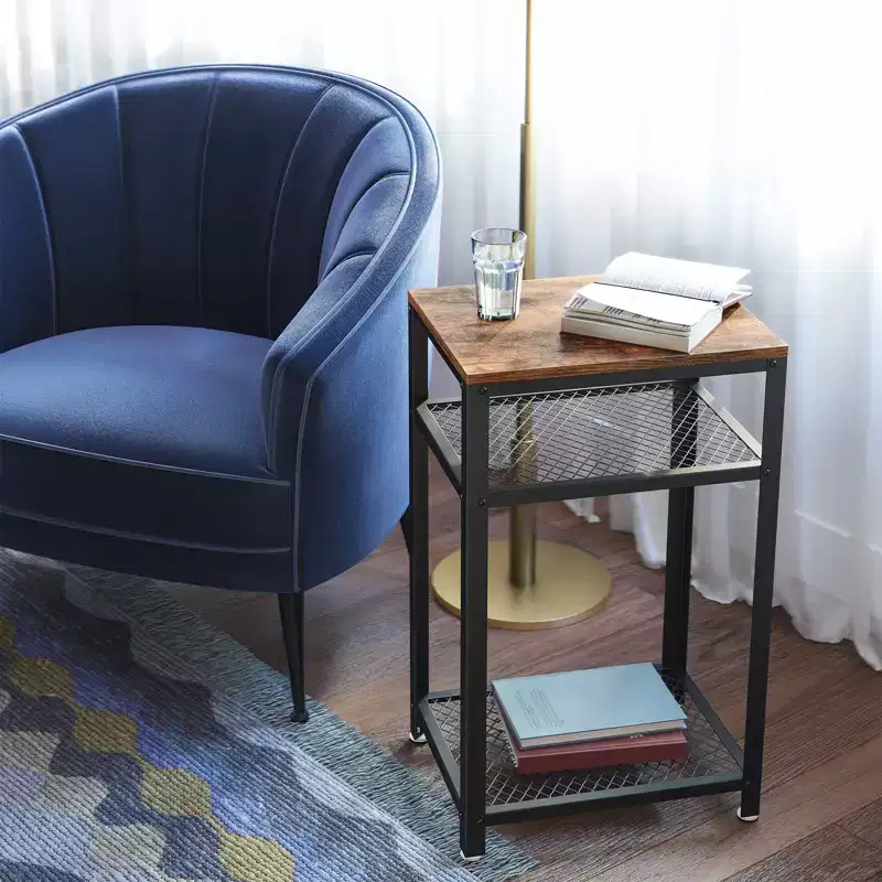 VASAGLE 3-Tier Tall Side Table, Small Telephone End Table Stand with 2 Mesh Storage Shelves, Kitchen Cart, Rustic Brown and Black