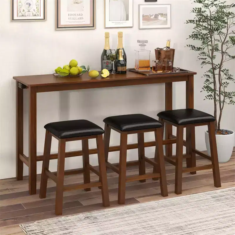 Costway 4-Piece Bar Table Set w/ Power Outlet Counter-Height Table & 3 Bar Stools