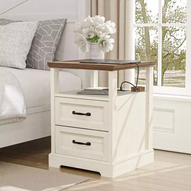 Modern Rustic Bedside Table Nightstand with Charging Station, 2 Drawers & Open Shelf