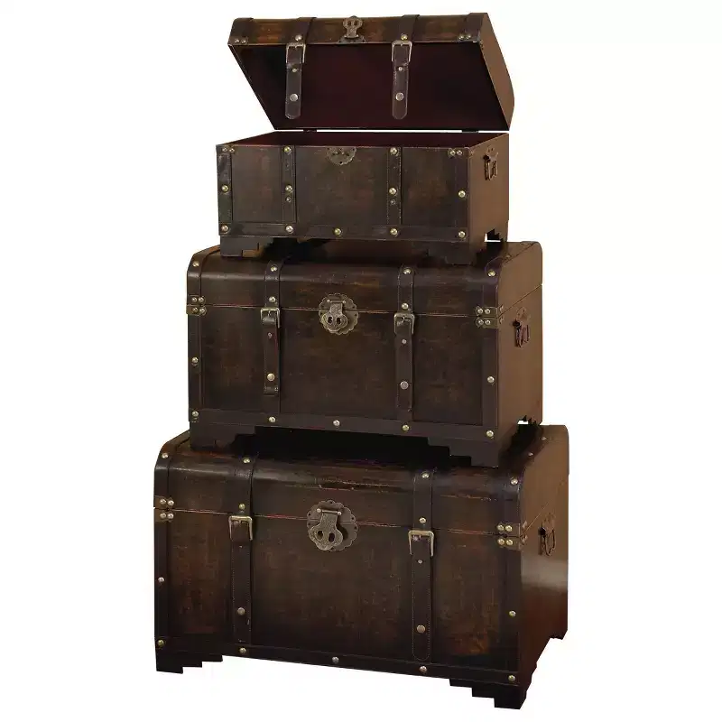 Set of 3 Decorative Storage Trunks – Dark Brown, Distressed Finish