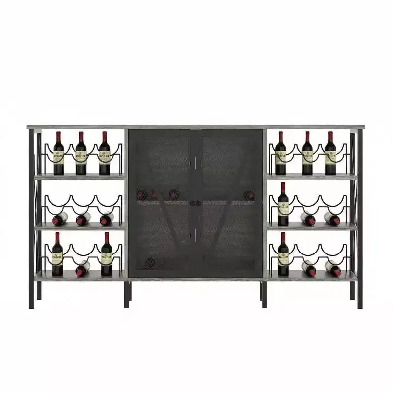 Farmhouse Wine Bar Cabinet, Industrial Coffee Bar Sideboard with Wine Rack and Glass Holder