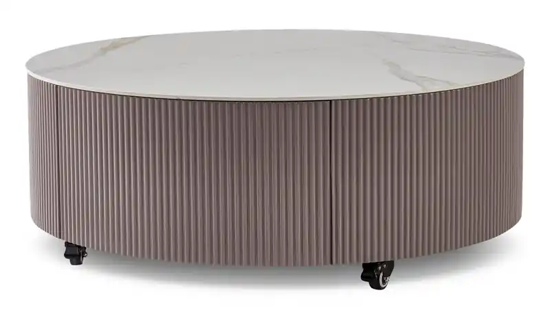 31.5 Modern Round Coffee Table with White Stone Top, Storage and Casters - Grey-Taupe