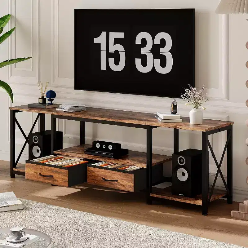 TV Stand with Fabric Drawers & Power Outlets, TV Console Entertainment Center with Open Shelves for 75/70/65 Inch TV,Suitable for Living Room,Bedroom