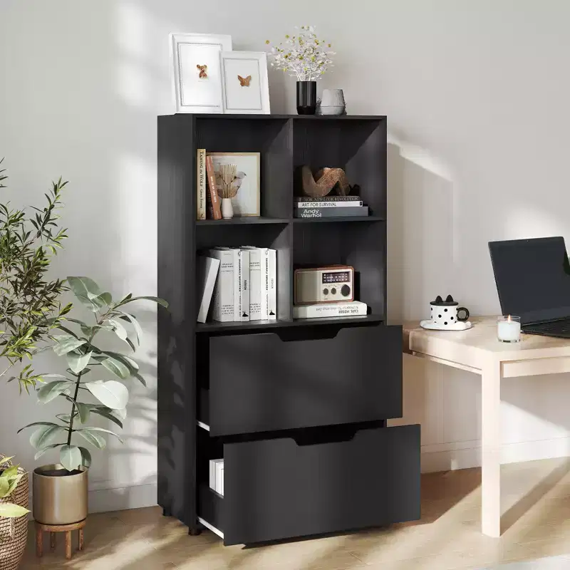 51 5-Tier 4-Cube Bookcase with 2 Drawers for Living Room, Study, Home Office White/Black/Gray/Natural