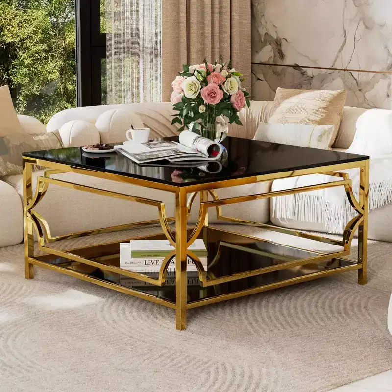 Square Coffee Table with Black or Clear Glass Top and Two-Tier Display Shelf