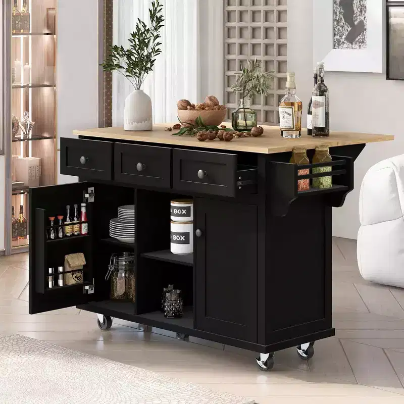 Okak Modrn Kitchen Island with Drop-Leaf Countertop,Rolling Kitchen Cart with Shelves & Drawers,Storage Cabinet Folding Dining Table