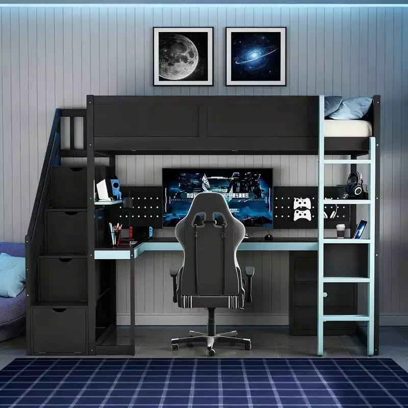 Modern Twin Size Loft Bed With Storage Stairs, U Shaped Desk, Drawers And Pegboard