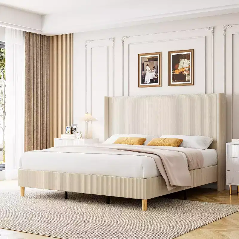 King Size Corduroy Bed Frame, with Vertical Channel Tufted Wingback Headboard, Strong Wooden Slats Support, No Box Spring Needed, Easy Assembly