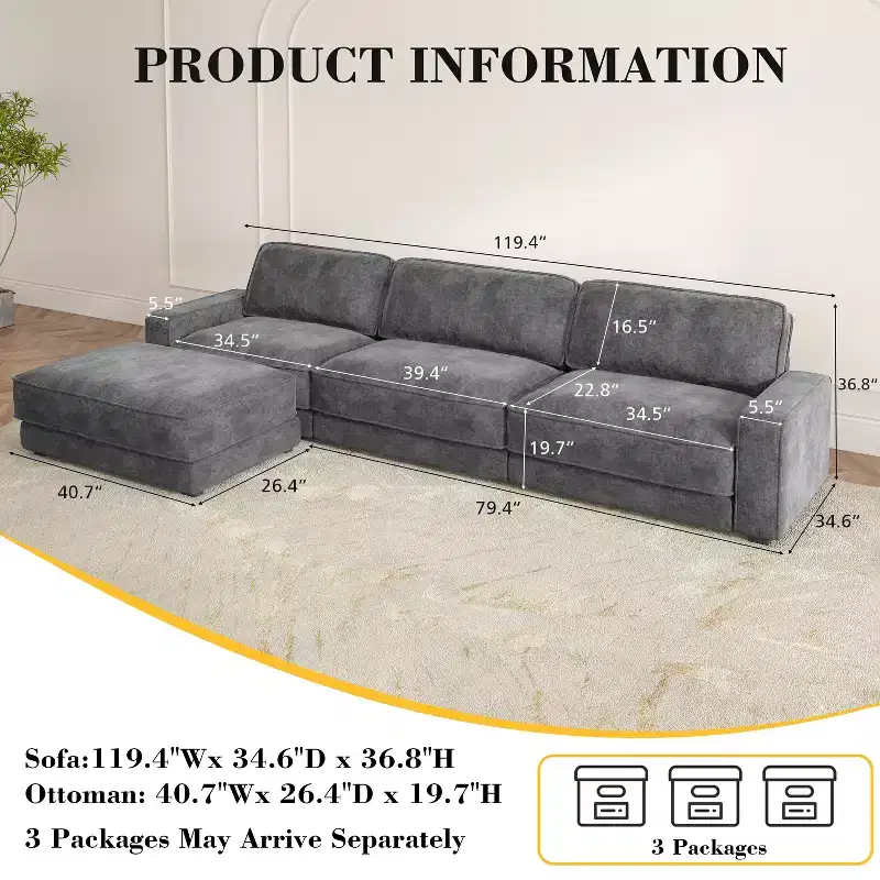 Dyonery 120 Modular Sectional Sofa, Cloud Sectional Couch with Deep Seat, Modern Modular L-Shape Sofa Couch with Chaise.