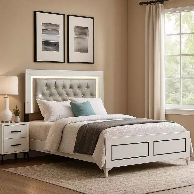 Royal Hampton Queen Size Bed, LED Trim, Button Tufted Headboard, White