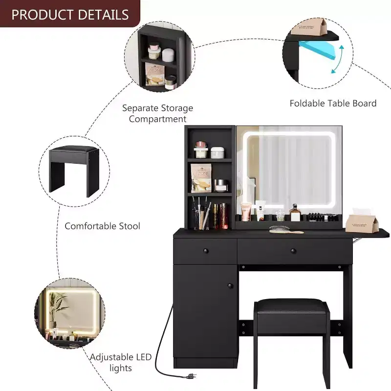 Vanity Desk with Drawers, Stylish Dressing Table Bedroom Makeup Table Set, with Chair, Mirror and Lights, for Bedroom, Black