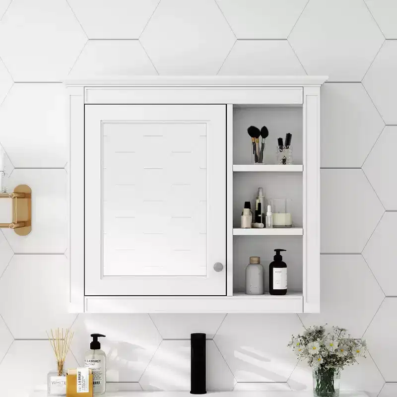 28 Medicine Cabinet, Wall Mounted Bathroom Storage Cabinet with Mirror 3 Open Shelves Modern White