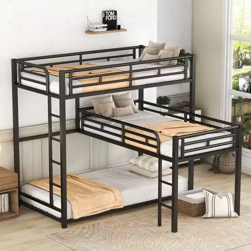 Metal Bunk Bed for 3 Kids, L-Shaped Twin Size Triple Bunk Bed Frame, 3 Beds Bunk Bed for Kids Teens Adults, Black