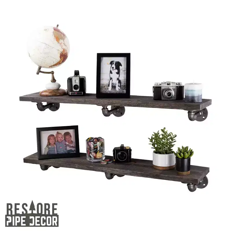 RESTORE Boulder Black 36 in. Shelves with L-Shaped Brackets by Pipe Decor