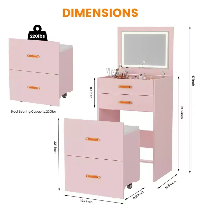 Small Makeup Vanity Desk with LED Mirror, Rolling Storage Chair, Compact 3-in-1 Vanity Table for Bedroom