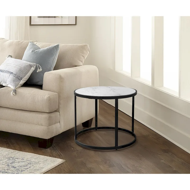 23 Inch Side End Table, Modern Round White Natural Marble Top, Classic Black Iron Frame