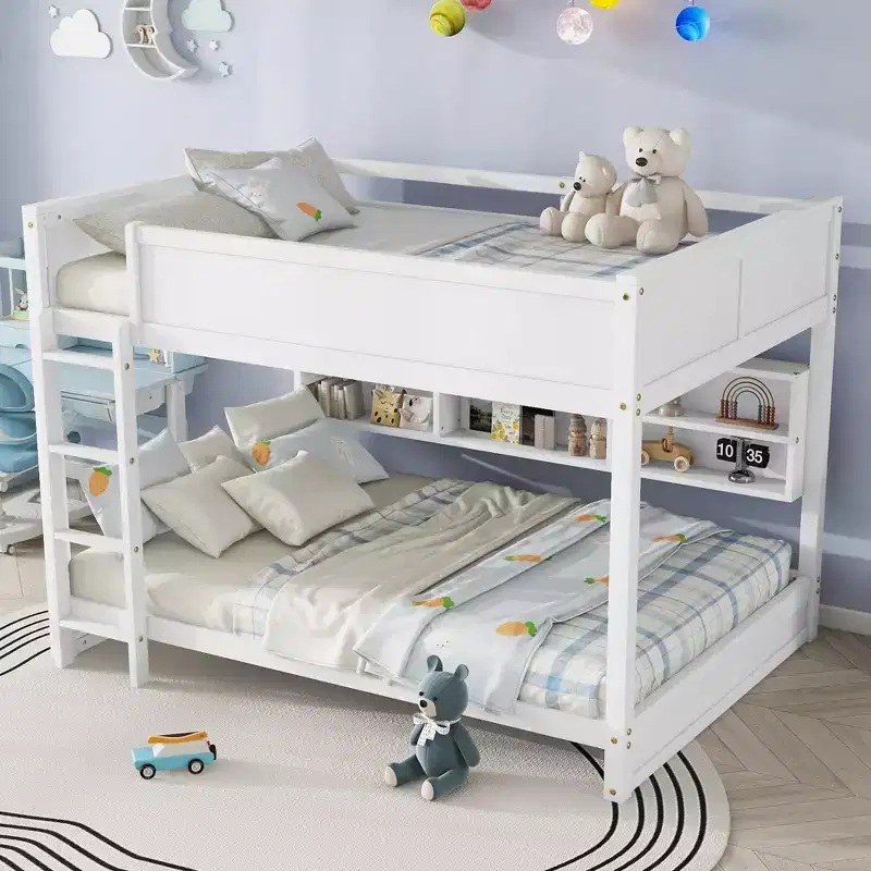 MAYEERTY Queen Over Queen Bunk Bed with Built in Storage Cabinets Charging Station Ladder Guardrails Solid Pine Wood Bunk Bed White
