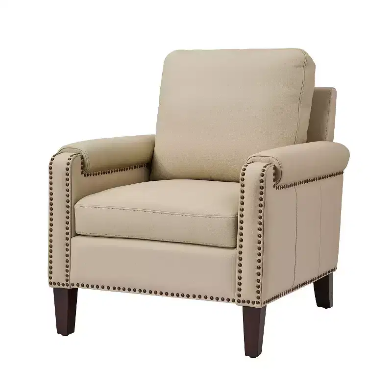 Genuine Leather Armchair with Removable Cushion and Nailhead Trims